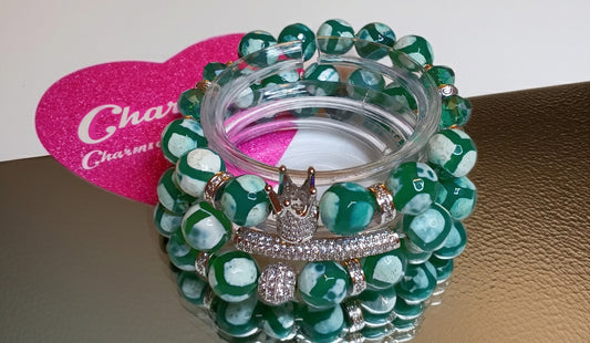10mm green and white fire agate beaded bracelet set.