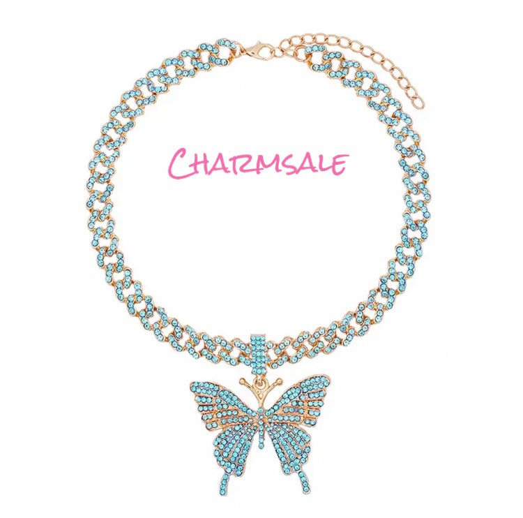 Gold and blue bling Cuban link necklace with butterfly pendant