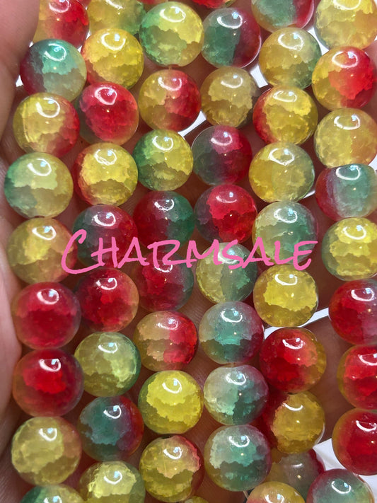 Red yellow and green crackle glass beads