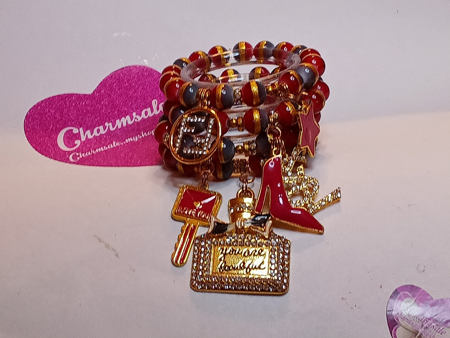 Burgundy gold and grey stripes bracelet set