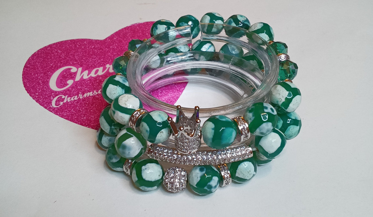 10mm  green and white fire agate beaded bracelet set.